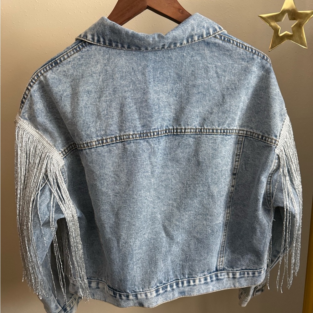 Fringe Denim Jacket Western Cropped Light Wash Festival Rodeo Jacket M - Picture 12 of 13